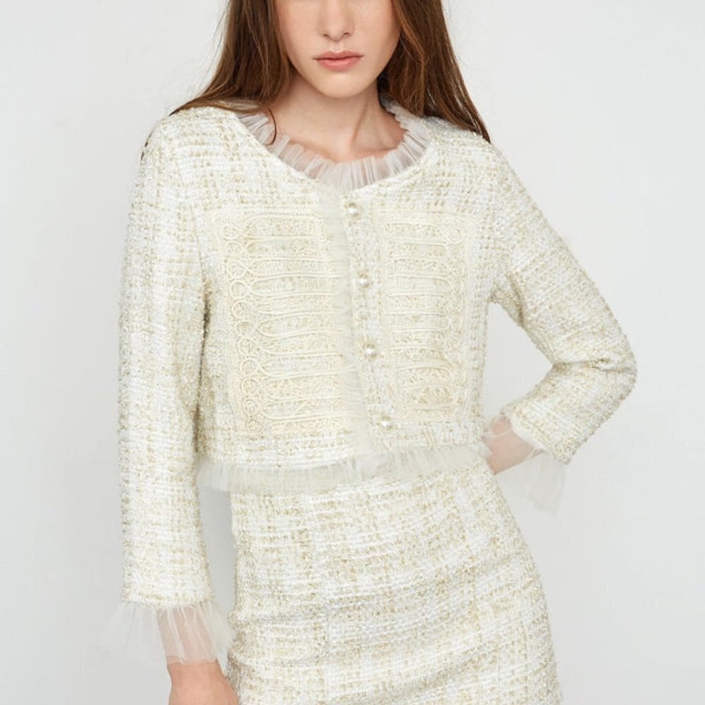 J.ING Kyrah Beige Lace Tweed Blazer Size Small